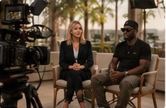 A creator being interviewed by a professional camera crew
