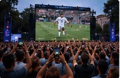 A large audience watching football on a giant outdoor screen
