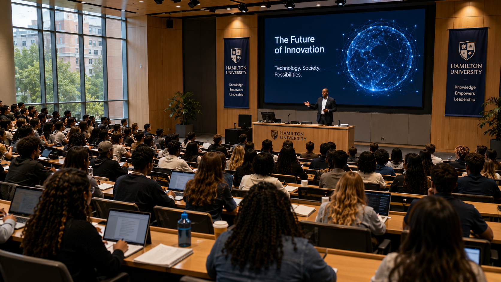A university audience listening to an innovation lecture