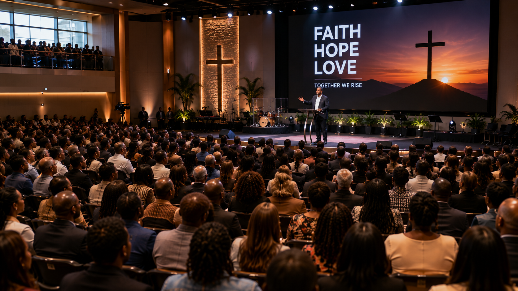 A large faith community listening to a trusted speaker