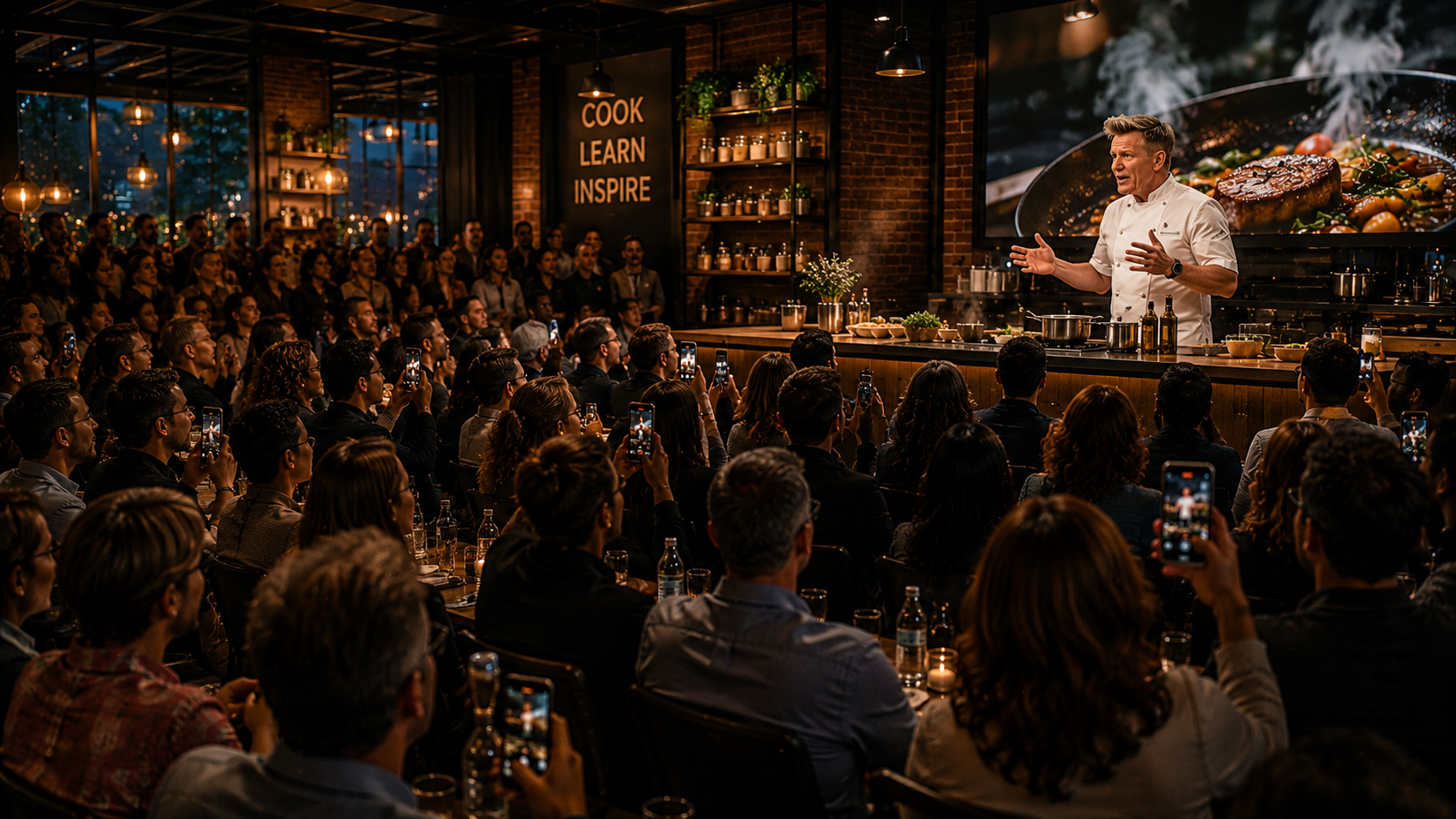 A renowned chef addressing an engaged live food audience