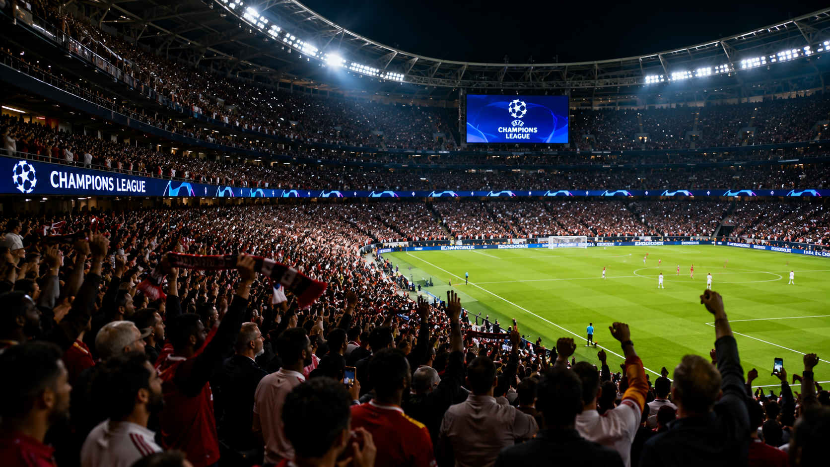 A packed Champions League stadium filled with passionate supporters